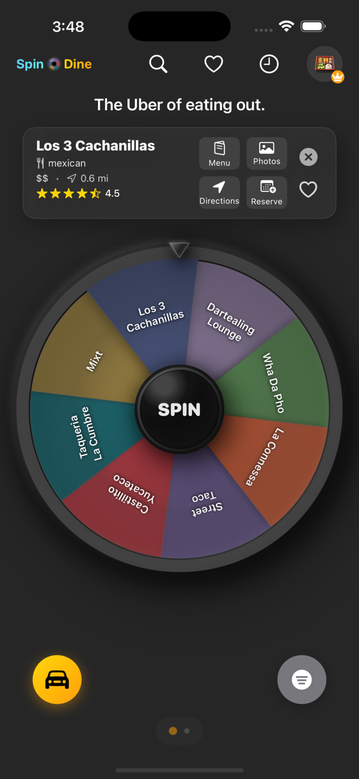 Spin & Dine app showing the restaurant spin wheel with colorful segments and nearby restaurant names
