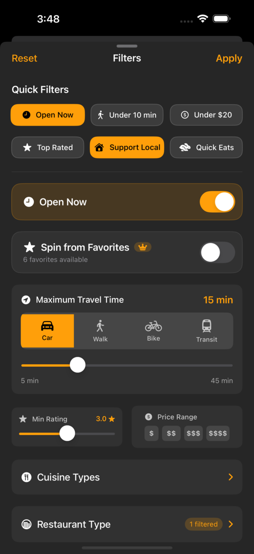 Filter screen with cuisine types, price range slider, and dietary options