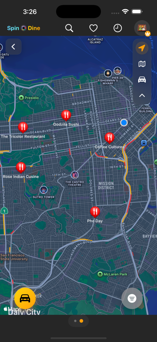 The spin wheel showing 8 nearby restaurants with colorful segments