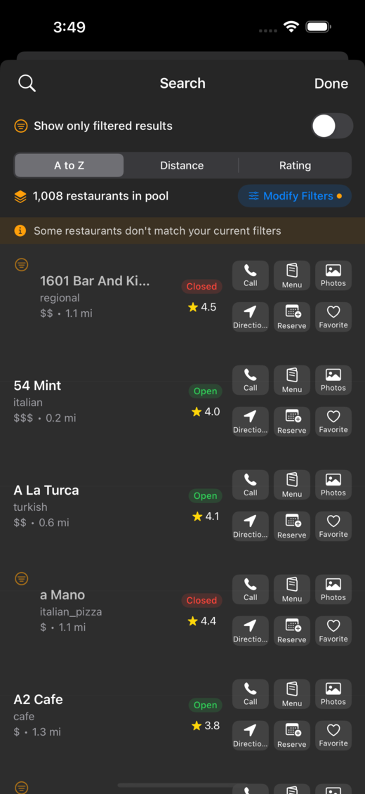 Winner screen showing the selected restaurant with call, directions, and reserve buttons